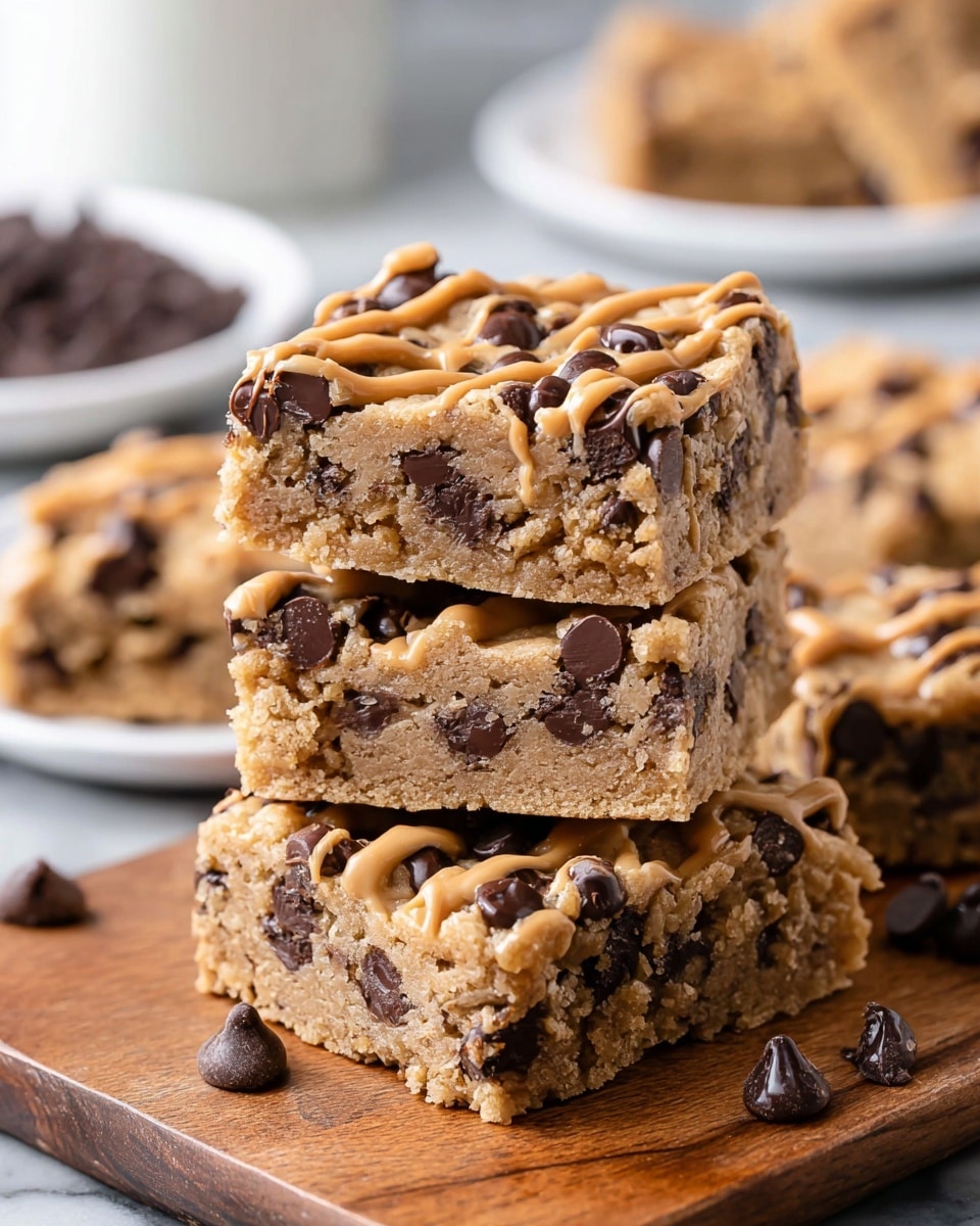 A close-up view of a stack of four square cookie bars on a wooden board, each bar showing a thick, dense texture filled with melted chocolate chips and a drizzle of peanut butter on top. The bars have a golden-brown color with visible chocolate chips embedded throughout, and the edges look slightly crumbly. Scattered around the wooden board are a few chocolate chips. In the background, there are blurred white plates with more cookie bars placed on a white marbled surface. Photo taken with an iphone --ar 4:5 --v 7