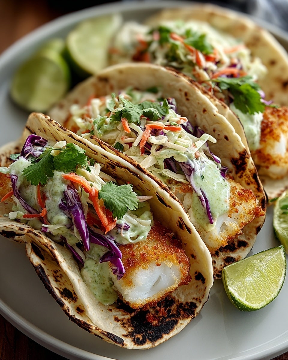 Three fish tacos are arranged in a row on a white plate, each made with a soft, light beige tortilla slightly charred with brown spots. The bottom layer in each taco is a golden-brown crispy piece of fish with a flaky white inside visible. On top of the fish is a colorful layer of cabbage slaw with thin purple and green cabbage strips mixed with orange carrot shreds. The slaw is dressed with a creamy, light green sauce and sprinkled with fresh green cilantro leaves. Two lime halves rest on the white marbled surface beside the plate. The overall look is fresh, colorful, and inviting, shot closely to show texture and detail. photo taken with an iphone --ar 4:5 --v 7