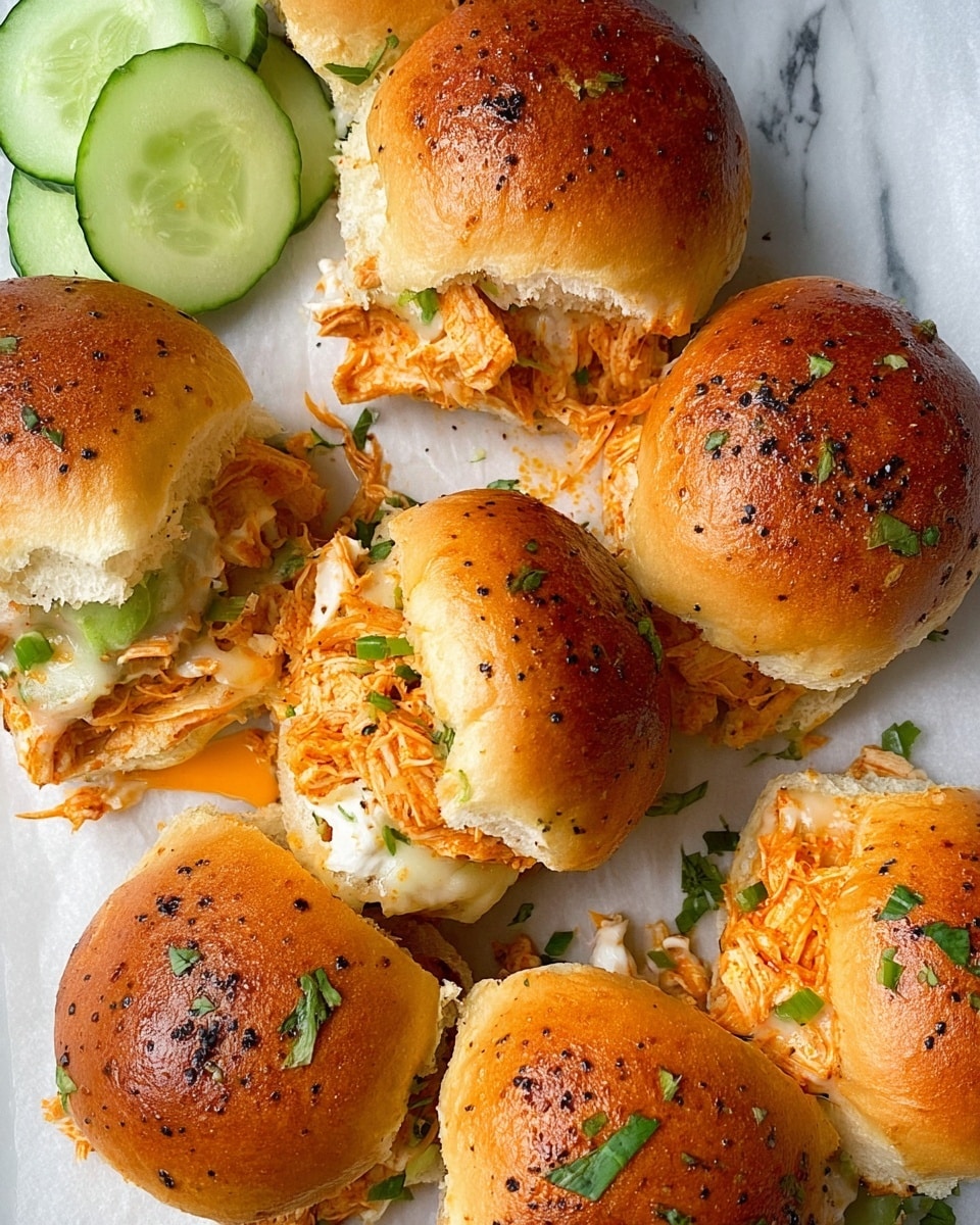 A top view of seven small sandwiches on white parchment paper over a white marbled surface, each sandwich made with golden brown soft buns speckled with herbs and black pepper. The buns are slightly shiny and toasted with a light crust. Inside the sandwiches, orange shredded chicken mixed with a melted creamy cheese filling is visible, with some cheese oozing out. Fresh chopped green herbs are sprinkled on top of the buns and filling for a pop of color. On the upper left side, a few slices of bright green cucumber add a fresh touch. photo taken with an iphone --ar 4:5 --v 7