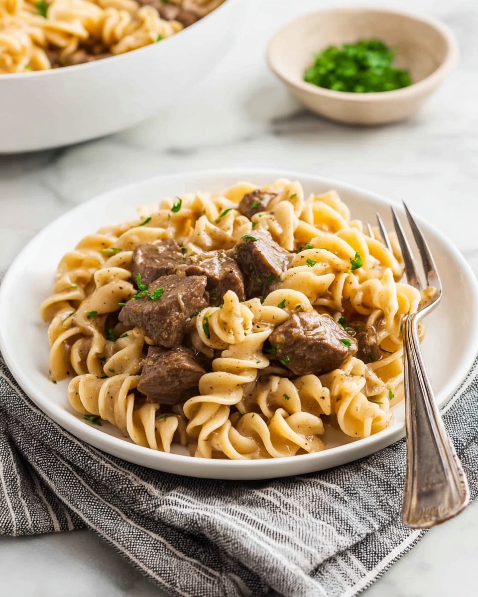 A white plate holds a serving of spiral egg noodles mixed with chunks of tender brown beef, all coated in a glossy, light brown gravy with visible specks of black pepper. The noodles are thick and wavy, piled loosely, with small bits of green parsley scattered on top to add a pop of color. A silver fork rests on the right side of the plate, placed on a striped grey and white cloth on a white marbled surface. In the blurred background, there is a white bowl filled with more of the same dish and a small beige dish holding more chopped green herbs. Photo taken with an iphone --ar 4:5 --v 7
