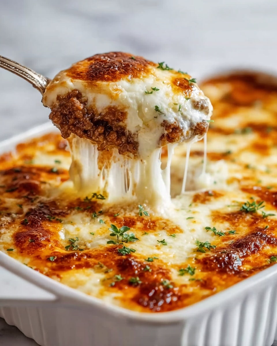 The image shows a close-up of a baked casserole being lifted from a white ceramic dish by a spoon held by a woman's hand. The casserole has multiple layers: a golden-brown, slightly crispy top layer of melted cheese with some browned spots; underneath, there is a creamy white layer mixed with ground beef and small pieces of green and red peppers; green onion slices are scattered on top of the casserole, adding a fresh green touch. The white ceramic dish holding the casserole has a scalloped edge and sits on a white marbled surface. The overall texture looks creamy and cheesy with a mix of soft and chunky pieces. photo taken with an iphone --ar 4:5 --v 7