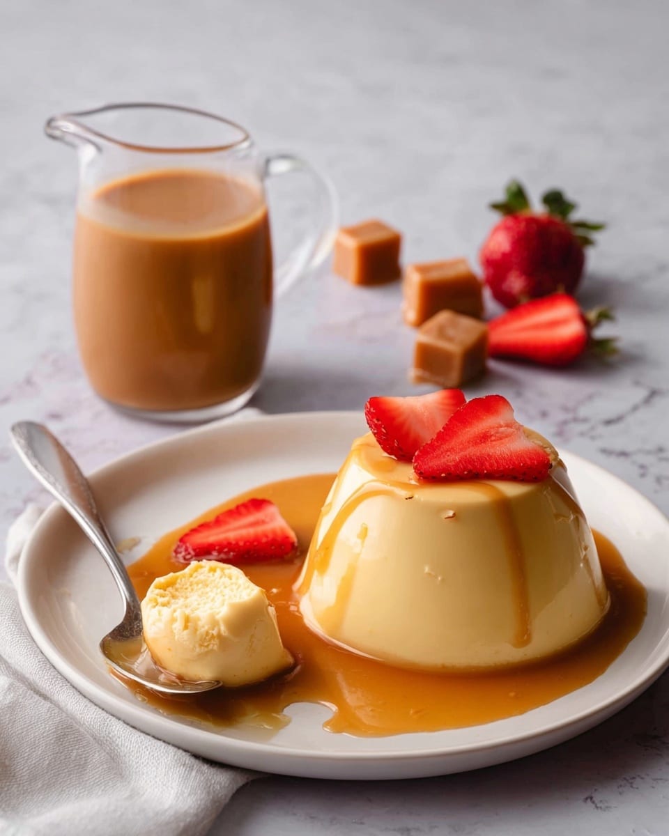 A smooth, creamy pudding dome with a light yellow color sits in the middle of a white plate, topped with two bright red strawberry slices. A rich, golden caramel sauce pools around the base of the pudding and drips down its side. Next to the dome, a silver spoon holds a rounded scoop of the same pudding with caramel sauce underneath. In the background on a white marbled surface, there is a clear glass pitcher filled with caramel sauce and some scattered caramel candies and sliced strawberries. The lighting is soft, highlighting the glossy texture of the caramel and the smooth pudding. Photo taken with an iphone --ar 4:5 --v 7