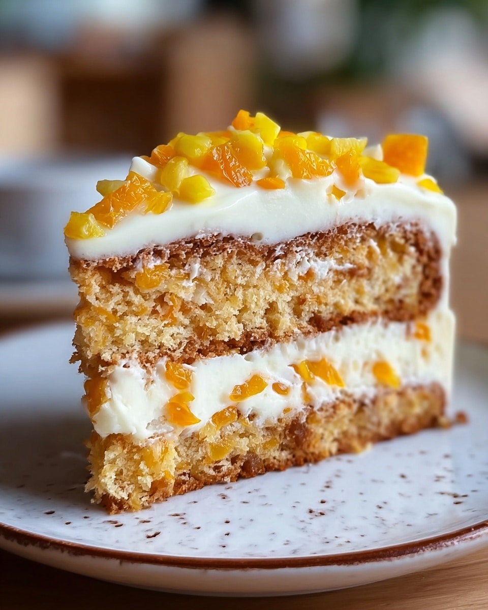 A close-up of a two-layer cake slice sitting on a white plate with delicate speckled patterns and a thin brown rim. The bottom and top layers are golden brown with a soft, crumbly texture. Between these layers is a thick white cream layer mixed with small orange fruit pieces. The top of the cake is covered with the same white cream and decorated with diced yellow and orange fruits. The background is blurred, showing a warm indoor setting with a white marbled texture surface. photo taken with an iphone --ar 4:5 --v 7