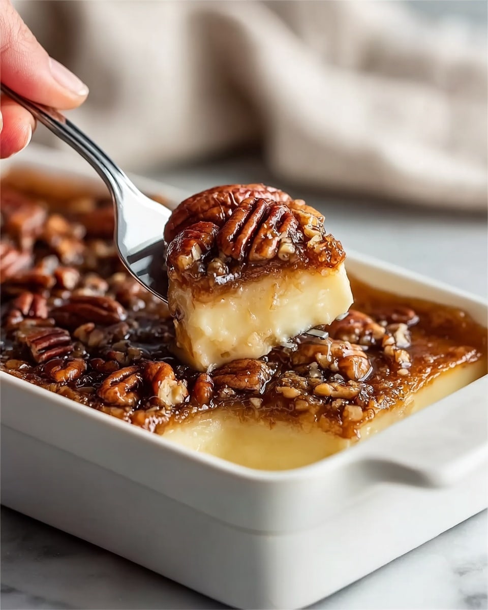 A close-up of a square, creamy dessert with three visible layers in a small white baking dish, resting on a white marbled surface. The bottom layer is smooth and pale yellow custard. The middle layer is thin and slightly caramelized. The top layer is a rich, dark brown topping made of sticky, glossy caramel and crunchy, whole pecans spread evenly. A silver fork held by a woman's hand is cutting into the dessert, lifting a gooey bite with pecans on top. The background is softly blurred with a light-colored cloth. photo taken with an iphone --ar 4:5 --v 7