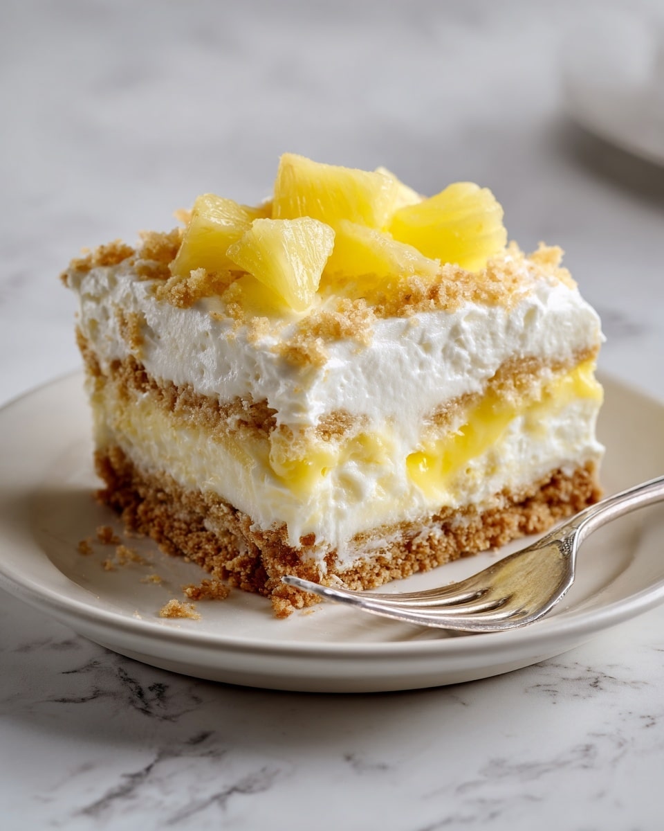 A close-up of a thick dessert with three layers on a white plate against a white marbled surface. The bottom layer is a crumbly, light brown crust that looks crunchy. The middle layer is thick and white with a fluffy, creamy texture mixed with small yellow pieces. The top layer is a white creamy layer with chunks of bright yellow pineapple scattered on top. In front, a silver fork lays on the marbled surface. photo taken with an iphone --ar 4:5 --v 7