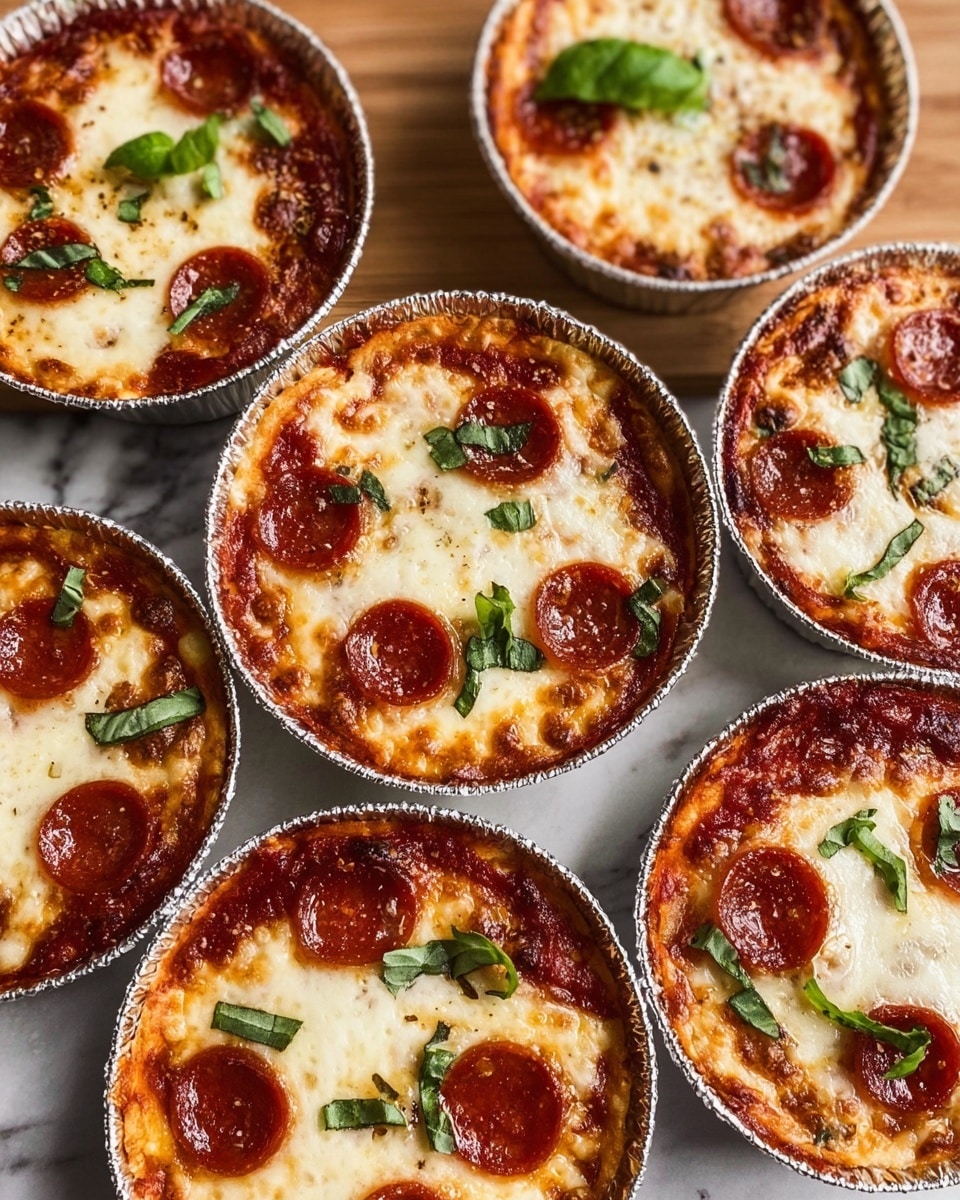 The image shows six small round mini pepperoni pizzas in shiny silver foil containers placed on a white marbled textured surface. Each pizza has a golden brown crust that forms the base layer, followed by a red tomato sauce layer spreading evenly inside the crust. On top, there's a thick melted layer of creamy white cheese, browned slightly around the edges with bubbly texture. Scattered small round pepperoni slices with a reddish-brown cooked look cover the cheese layer. Tiny pieces of fresh green basil leaves are sprinkled on top of the cheese and pepperoni, adding a pop of color and freshness. The pizzas have a rustic, homemade look with slightly uneven cheese and pepperoni placement. Photo taken with an iphone --ar 4:5 --v 7