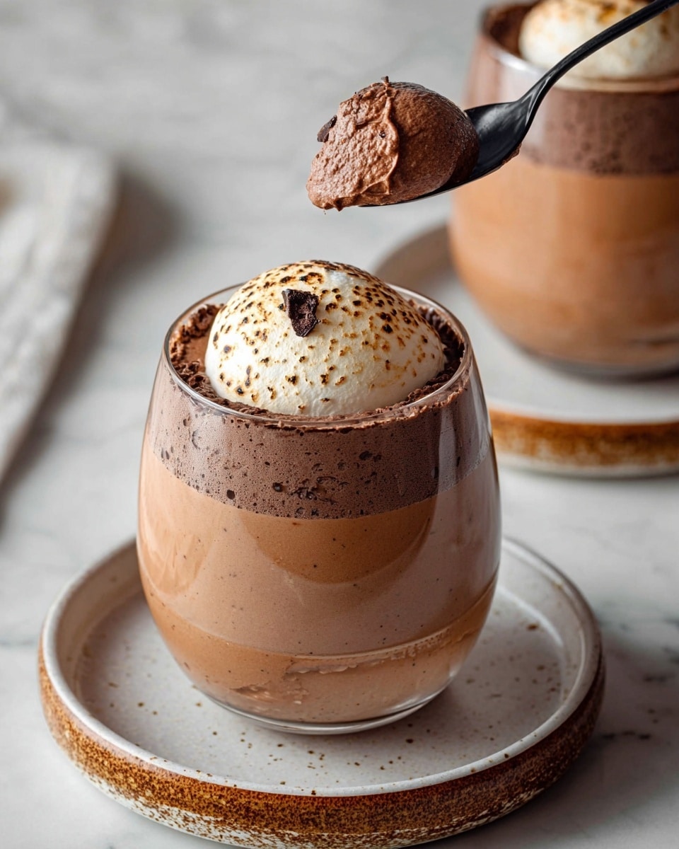 The image shows a glass filled with three layers of chocolate mousse: the bottom and main two layers are smooth, light brown chocolate mousse with a creamy texture, and the top layer is a small dome of white, toasted cream with light brown specks and a dollop of chocolate in the center. The glass itself is clear and rounded, sitting on a white plate with a speckled brown rim. A black spoon holds a scoop of the chocolate mousse above the glass. In the background, there is a second glass with the same mousse on a matching plate, all placed on a white marbled surface. Photo taken with an iphone --ar 4:5 --v 7