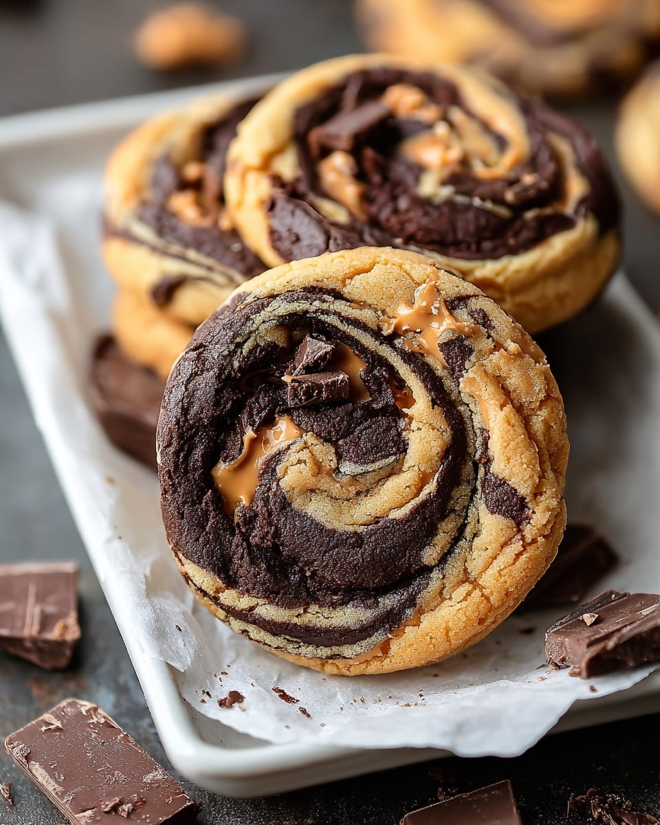 A close-up view of a swirl cookie on white parchment paper in a white tray, showing two main layers: a soft golden-brown cookie dough that forms the outer ring and a dark, rich chocolate swirl mixed with creamy peanut butter patches creating a marbled pattern inside; chocolate chunks are embedded in the chocolate layer, adding texture, while the edges of the cookie look slightly crispy and crumbly. More cookies with similar swirl patterns are stacked behind it, with broken chocolate pieces scattered on the dark surface around the tray, all placed on a white marbled texture. photo taken with an iphone --ar 4:5 --v 7