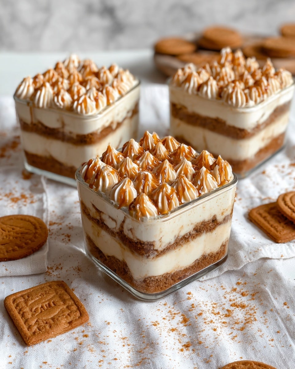Three square glass containers show a creamy layered dessert placed on a white cloth over a white marbled surface. Each container has three visible layers: the bottom layer is a crumbly brown cookie base, the middle layer is a smooth, light cream filling, and the top layer is made of piped cream dollops with a slightly beige tint. A caramel-colored drizzle is spread in diagonal lines on top of the cream, with some crumbs sprinkled over it. Around the containers, whole and broken caramel-colored cookies are scattered on the white cloth. photo taken with an iphone --ar 4:5 --v 7