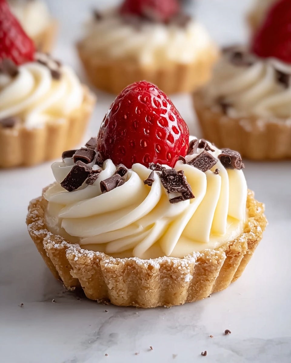 The image shows a small tart with three visible layers. The bottom layer is a light golden-brown crust that looks crispy and crumbly. On top of the crust is a thick swirl of smooth, creamy white filling, shaped like soft waves. Small pieces of dark chocolate bits are scattered over the cream. Sitting on top in the center is a bright red strawberry with small seeds and a slightly glossy texture. The tart is placed on a white marbled surface. In the background, other tarts are blurry but still visible. Photo taken with an iphone --ar 4:5 --v 7