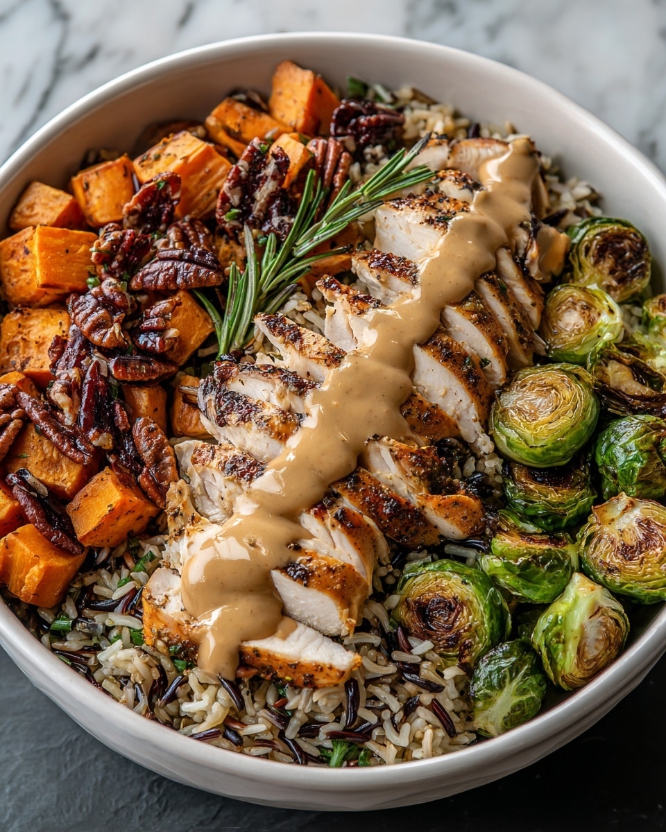 A white bowl filled with a colorful layered meal is shown on a white marbled texture. The bottom layer is a mix of brown and wild rice with small green herb pieces scattered throughout. On the left side, there are medium-sized chunks of roasted orange sweet potatoes topped with dark brown pecans and fresh green rosemary. To the right of the sweet potatoes, several pieces of grilled chicken breast with a charred, brown surface and white inside are sliced and arranged in a row across the rice. A smooth tan sauce is drizzled over the chicken. On the far right, there are roasted Brussels sprouts cut in half with a bright green and slightly browned surface. The whole dish looks hearty and fresh. photo taken with an iphone --ar 4:5 --v 7