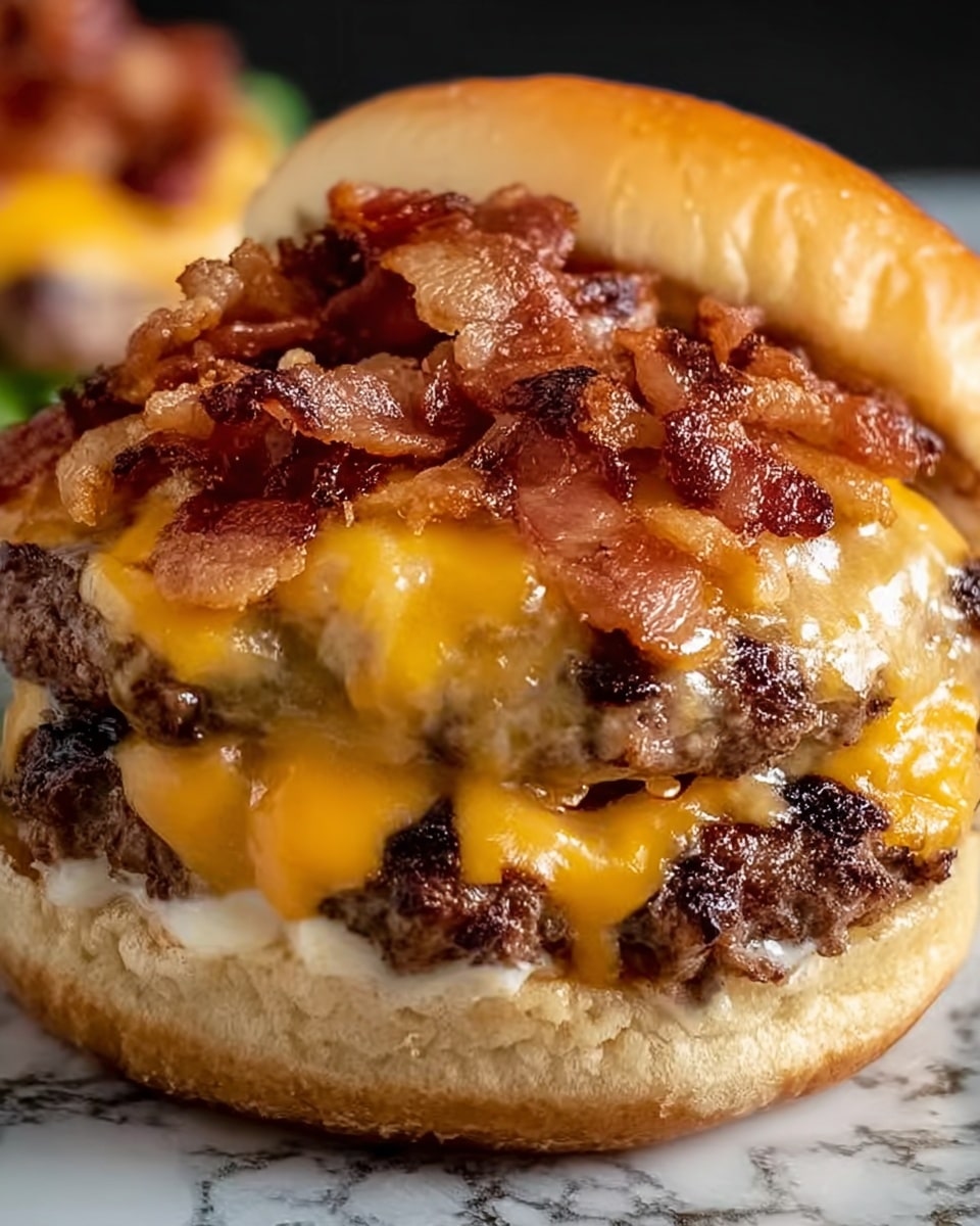 A close-up view of a cheeseburger with multiple layers, starting from the bottom with a toasted bun that has a light golden-brown color and a slightly crisp texture. Above the bun is a layer of melted yellow cheese with smooth, glossy texture, followed by a thick beef patty with a charred, grilled look and juicy surface. On top of the patty is another layer of melted cheese, this time a mix of orange and white cheese, creating a creamy, flowing texture. The top layer is scattered with crispy bacon bits that have a reddish-brown color and a crunchy texture. The burger sits on a white marbled texture background. Photo taken with an iphone --ar 4:5 --v 7