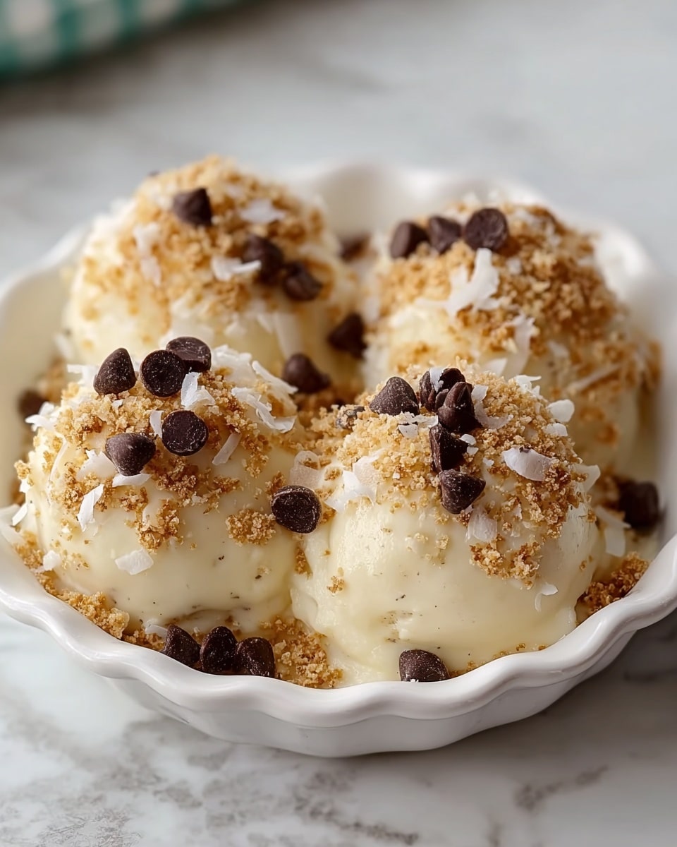 The image shows four small scoops of creamy, off-white pudding placed closely together in a white dish with a scalloped edge. Each scoop is topped with a layer of light brown crumbly bits and thin white coconut flakes, creating a textured and slightly rough topping. Scattered dark chocolate chips are also on each scoop, with a few chips lying between the scoops on the dish. The pudding looks smooth and soft with a slightly shiny surface beneath the toppings. The dish is set on a white marbled texture. photo taken with an iphone --ar 4:5 --v 7