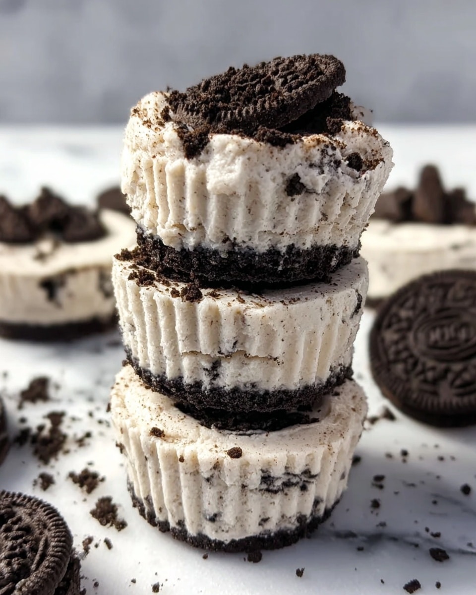 The image shows a stack of three mini Oreo cheesecakes placed on a white marbled surface. Each cheesecake has three layers: the bottom layer is a dark Oreo cookie base; the middle and top layers are thick, creamy, white cheesecake mixed with Oreo cookie crumbs, giving a speckled black-and-white texture. Each cheesecake is topped with crumbled Oreo pieces. The cheesecakes have visible ridges from the white paper liners around their edges. Some Oreo cookies and crumbs lie scattered on the white marbled surface around the stack. Photo taken with an iphone --ar 4:5 --v 7