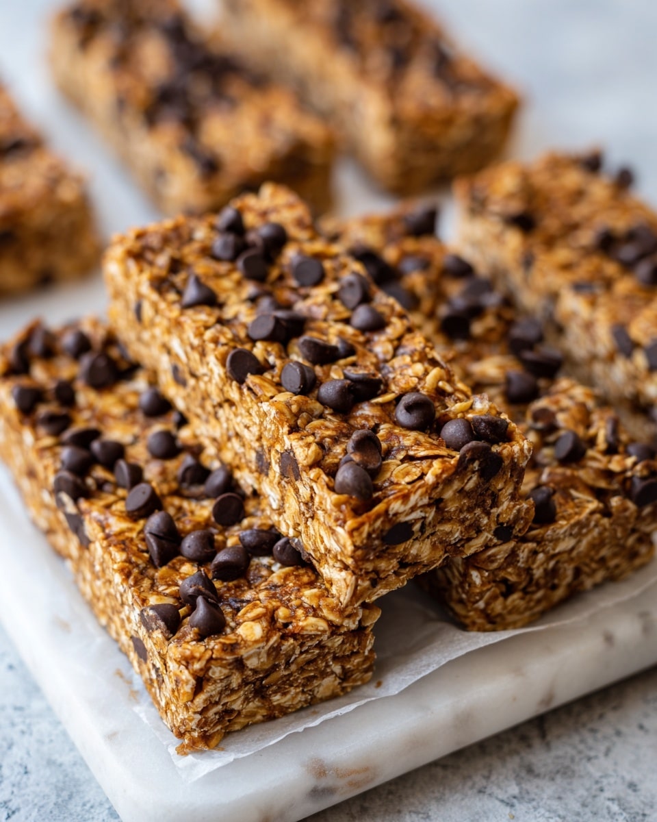 The image shows several rectangular granola bars arranged on a white marbled textured tray with parchment paper. Each bar has a rough, bumpy surface made of light brown oats mixed tightly with dark brown chocolate chips scattered on top and inside. The bars are stacked in two layers in the center, with some more bars lying flat in the background, creating a neat and fresh look. The photo is clear and focuses on the front bars with soft light highlighting the oats’ grainy texture. photo taken with an iphone --ar 4:5 --v 7