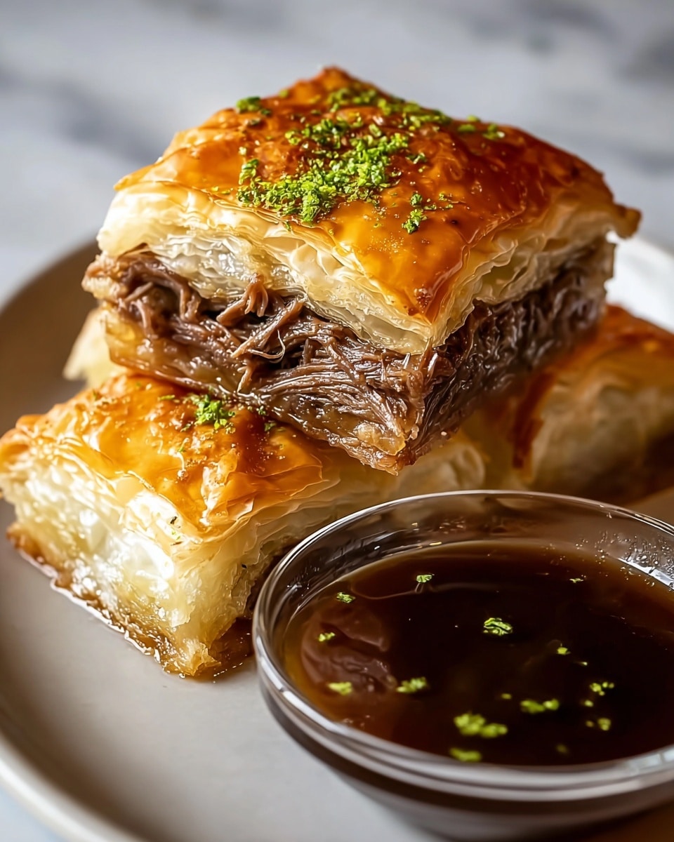 The image shows two pieces of layered pastry stacked on a white plate, each piece having a golden brown top flaky crust with some green garnish sprinkled on it. The middle layer is filled with a dark brown, shredded meat texture, while the bottom is made of a lighter, flaky crust similar to the top. Next to the pastries is a small clear bowl with a glossy dark brown sauce having tiny bits of green garnish floating on the surface. The whole setup is placed on a white marbled surface. Photo taken with an iphone --ar 4:5 --v 7