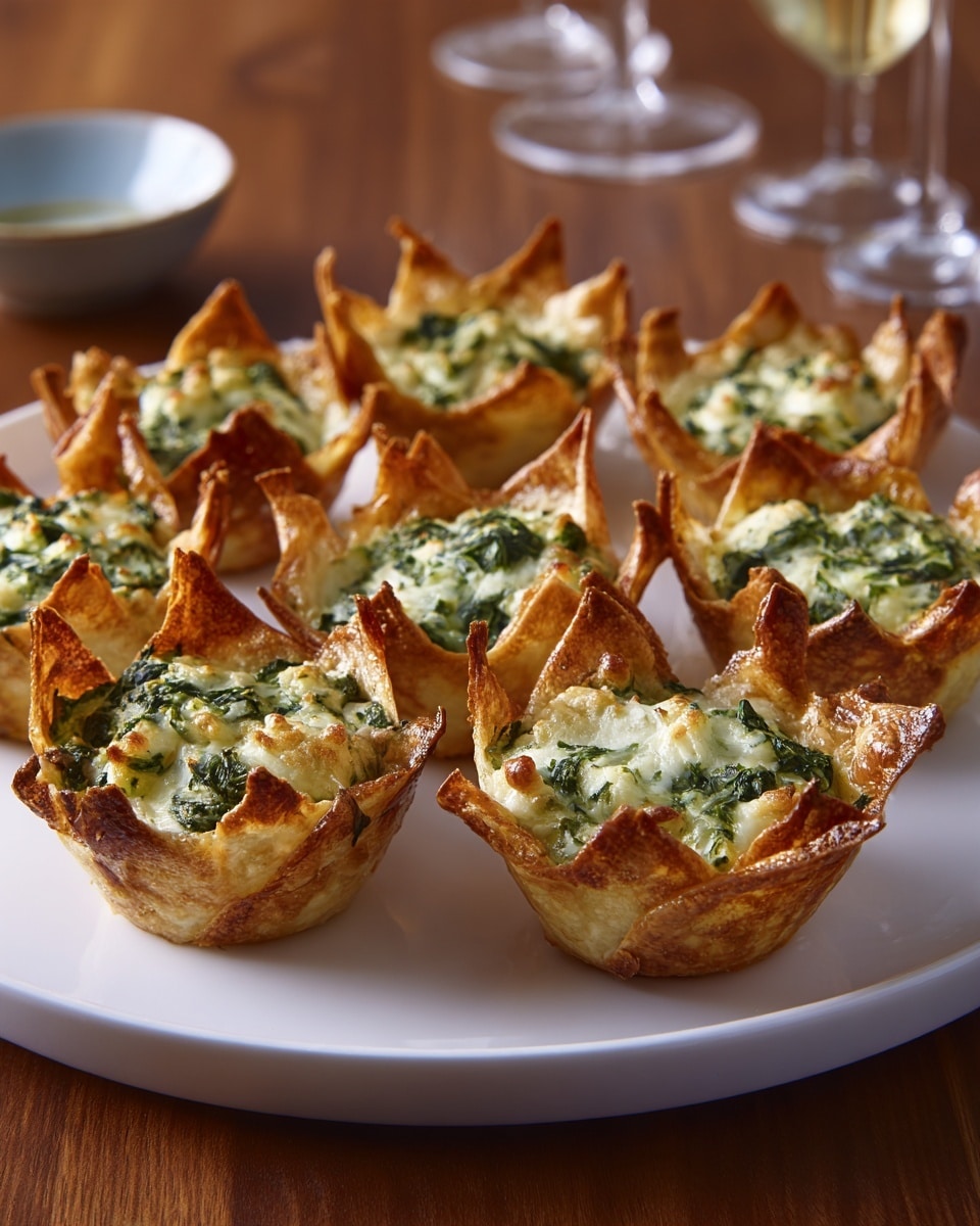 The image shows a white round plate filled with ten baked spinach and cheese cups. Each cup has a crispy, golden-brown outer layer made of thin, flaky dough shaped like flower petals, with pointed edges standing upward. Inside the cups is a creamy, light green and white filling made of chopped spinach and cheese, giving a textured look with bits of leafy green mixed in. The plate is placed on a smooth wooden table, and there are blurred glasses and a small bowl in the background. photo taken with an iphone --ar 4:5 --v 7