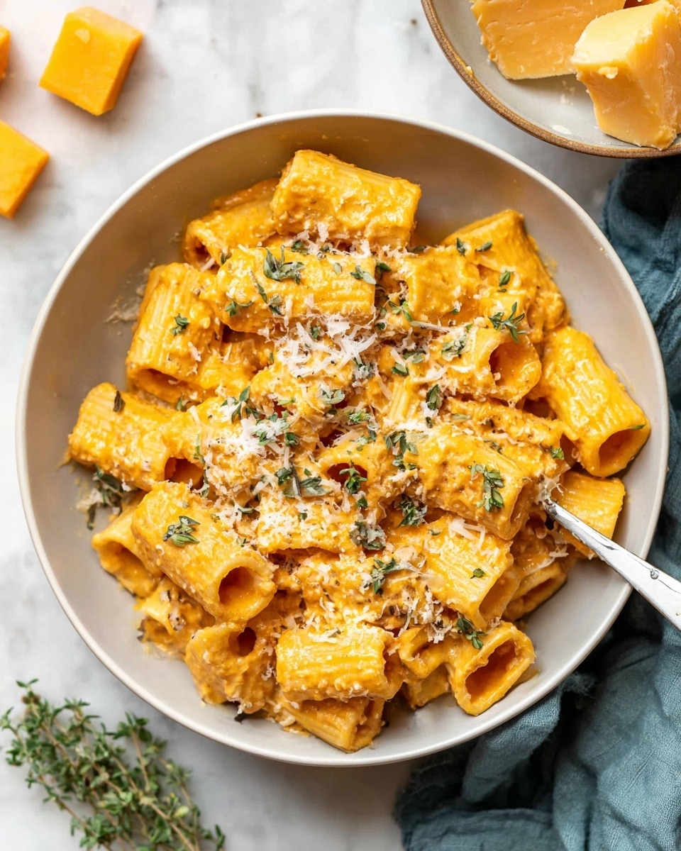 A bowl filled with rigatoni pasta coated in a creamy orange cheese sauce, topped with finely grated pale cheese and small green herb leaves scattered over the top, creating a textured and colorful look. The rigatoni pieces are well covered with the smooth sauce, showing ridged details. The bowl is white and there is a silver fork resting inside it, on the left side. Around the bowl, small cubes of orange cheese and sprigs of fresh green herbs are placed on a white marbled surface, giving a fresh and inviting feel. photo taken with an iphone --ar 4:5 --v 7