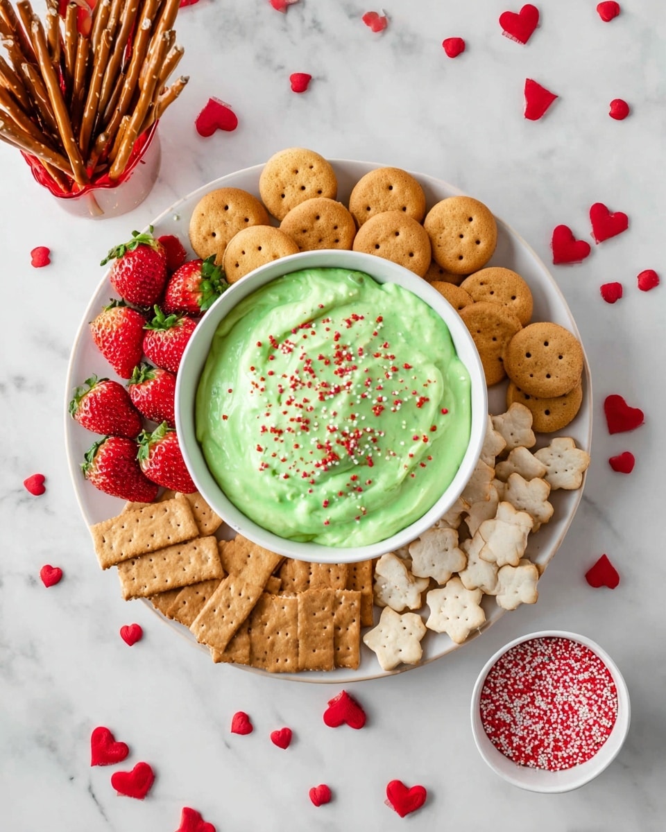 A white round plate holds a white bowl in the center filled with smooth, bright green creamy dip topped with small red heart-shaped sprinkles scattered on top. Around the bowl, arranged in segments on the plate, are crunchy light brown pretzels, pale brown rectangular graham crackers, golden round vanilla wafers, and darker brown assorted cookies with textures ranging from rough to smooth edges. Fresh red strawberries with green tops are placed near the pretzels, adding a fresh color contrast. The plate sits on a white marbled surface with tiny red heart sprinkles scattered around. Photo taken with an iphone --ar 4:5 --v 7