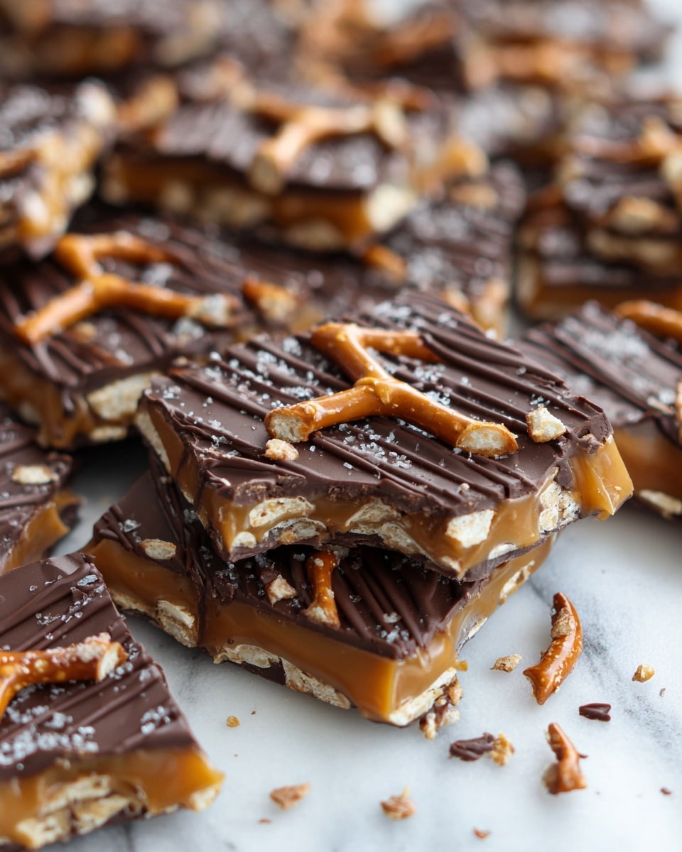 The image shows multiple squares of caramel pretzel bark stacked closely on a white marbled surface. Each piece has three clear layers: the bottom dark chocolate base with a smooth and solid texture, the middle layer of shiny caramel with a gooey and sticky look covering broken pretzel sticks showing light brown and beige colors, and the top layer where thin dark chocolate lines are drizzled in a crisscross pattern. One piece in the center has a small bite taken out of the corner, revealing the thickness of the layers. Chocolate and pretzel crumbs are scattered around, adding texture to the scene. Photo taken with an iphone --ar 4:5 --v 7