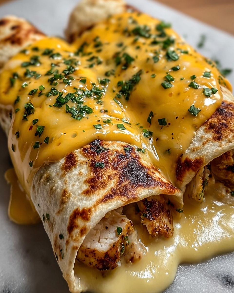 Two rolled tortillas filled with grilled, browned chicken pieces lie side by side on a white marbled surface. The tortillas are golden with browned spots and slightly crisp edges. A thick layer of melted yellow cheese sauce is generously spread over the top of each tortilla, dripping slightly down the sides. The cheese is topped with small pieces of chopped green herbs, adding color contrast and freshness. The scene captures the rich and creamy texture of the melted cheese blending with the savory chicken inside photo taken with an iphone --ar 4:5 --v 7