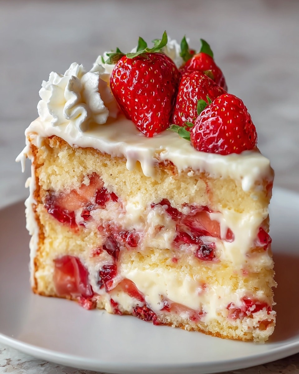 A slice of layered strawberry cake sits on a white plate with a white marbled texture background. The cake has three main layers: a bottom light golden sponge layer filled with bright red strawberry pieces mixed in creamy white custard, a middle thick layer of smooth white custard with strawberry chunks, and a top golden sponge layer topped with a white creamy glaze. The top is decorated with whole and halved fresh strawberries, their red color contrasting with the pale cream. Along the edge of the top layer, there are small swirls of white whipped cream. The texture looks soft and moist, with the strawberries adding a vibrant, juicy detail. Photo taken with an iphone --ar 4:5 --v 7