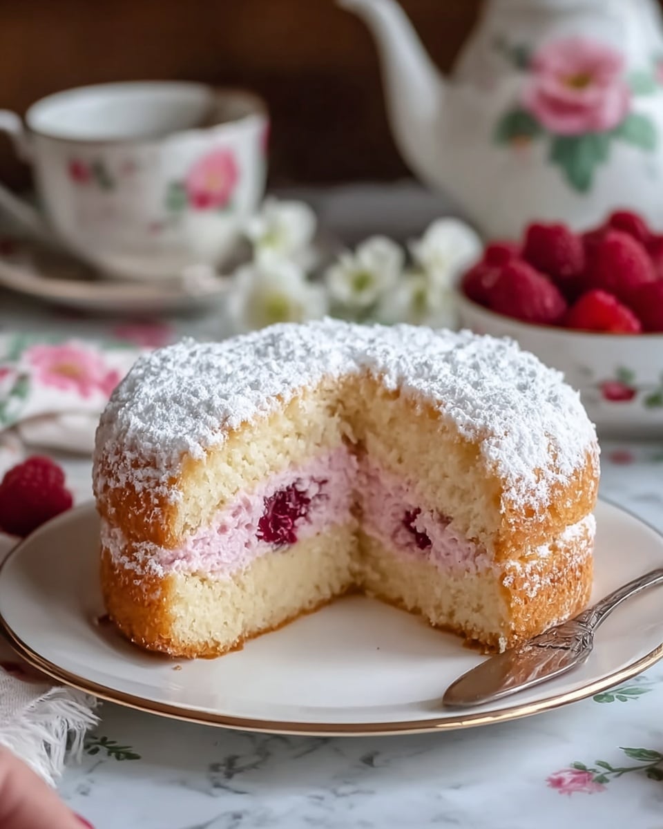 A round cake with two layers is shown, the outer layer is light golden brown covered thickly with white powdered sugar, making it look soft and fluffy. The inner layer is light pink and moist, with a small darker pink spot near the bottom on one side, showing a berry or fruit inside. The cake is placed on a white plate with a thin gold rim, on a white marbled surface with a floral cloth and a silver fork partially visible. In the background, a blurred white teapot with flower designs and a plate with red raspberries can be seen, along with a woman's hand reaching towards the plate. photo taken with an iphone --ar 4:5 --v 7