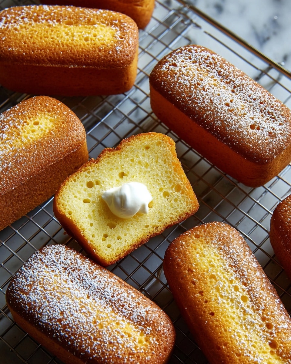 The image shows several golden-brown, rectangular cakes with a light dusting of powdered sugar on top, placed on a metal cooling rack. One cake is cut in half, revealing a soft, moist, yellow interior filled with a small dollop of white cream in the center of each half. The cakes have a smooth, slightly shiny surface with tiny bubbles visible, indicating a light texture. The background features a white marbled texture. photo taken with an iphone --ar 4:5 --v 7
