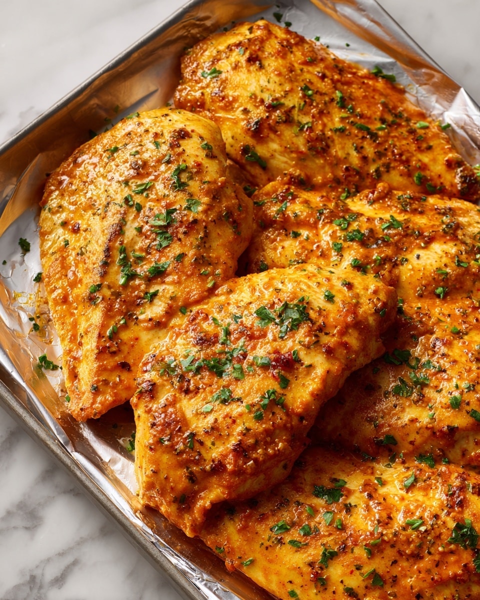 The image shows several pieces of baked chicken breasts placed closely together on a shiny foil-lined tray. Each chicken breast is coated in a thick, textured orange sauce with visible flecks of herbs and spices, creating a slightly uneven, rough surface. The chicken looks juicy and tender, with a warm, golden-orange color that shines slightly under the light. The foil beneath reflects the orange hues slightly and adds a shiny contrast. The background is a white marbled texture. photo taken with an iphone --ar 4:5 --v 7