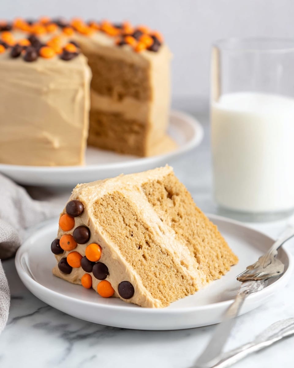 A two-layer slice of light brown cake with a smooth beige frosting between the layers and covering the outside sits on a white plate, decorated with small orange and dark brown candy pieces embedded in the frosting on the side. In the background, the rest of the round cake, covered in the same frosting and candies, is placed on a white plate. Next to the cake slice is a glass of white milk and a silver fork on a white marbled surface. The photo taken with an iphone --ar 4:5 --v 7