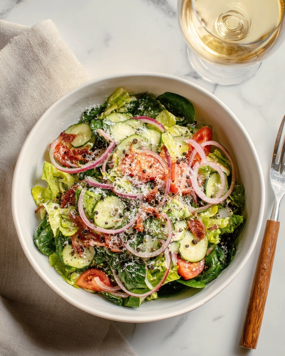 The image shows a white bowl filled with a fresh, colorful salad placed on a white marbled surface. The salad has about five layers: at the bottom are dark green spinach leaves, followed by a layer of mixed light green lettuce and cucumber slices. On top of these are thin slices of red onion and small pieces of red tomato scattered evenly. The salad is topped with a sprinkling of grated white cheese and small dark peppercorns or seeds. To the right of the bowl is a fork with a wooden handle and a glass of white wine. Photo taken with an iphone --ar 4:5 --v 7