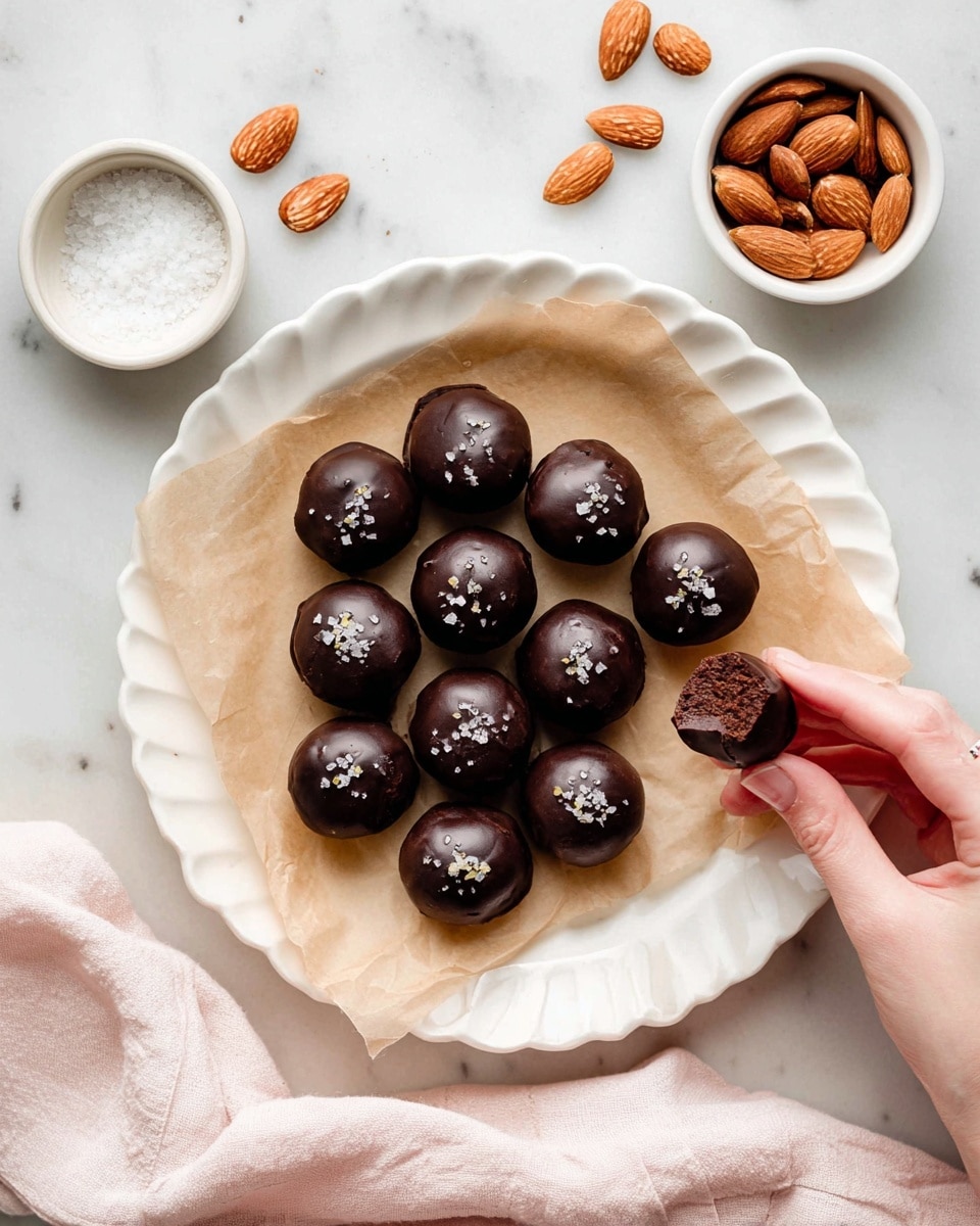 A white fluted plate holds a single layer of round, dark chocolate truffles with a shiny, slightly textured surface and small flakes of sea salt on top, all resting on crinkled brown parchment paper. To the top left and right of the plate, two small white bowls contain coarse sea salt and whole roasted almonds, respectively. A woman's hand is holding one truffle near the right edge of the plate, showing a bite revealing a dark, rich filling inside. The scene is set on a white marbled surface with a light cloth partially visible at the bottom right corner. photo taken with an iphone --ar 4:5 --v 7