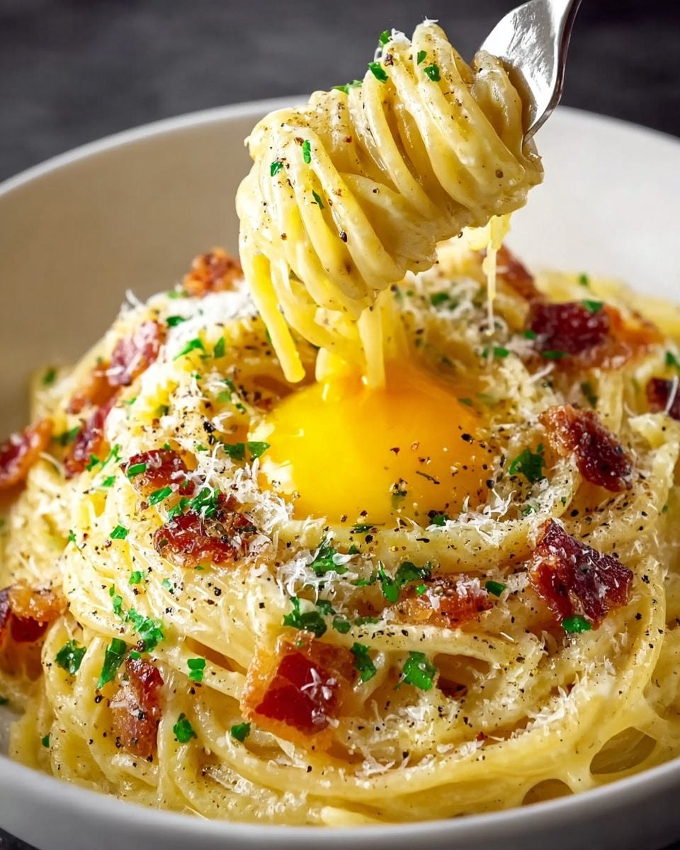 A close-up of creamy spaghetti carbonara served in a white bowl on a white marbled surface, showing a twirl of pale yellow pasta lifted by a fork that is pouring a runny bright yellow egg yolk in the center. The pasta is coated in a smooth, shiny sauce with pieces of golden-brown crispy bacon scattered on top. The dish is sprinkled generously with grated white cheese, finely chopped green parsley, and coarse black pepper, adding texture and color contrast. photo taken with an iphone --ar 4:5 --v 7