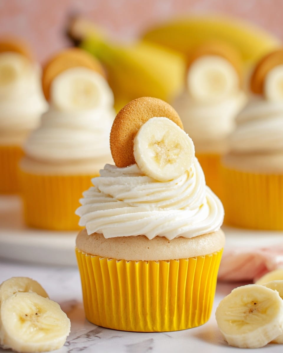 A soft cupcake sits at the base with a light beige color and is wrapped in a bright yellow liner. On top, there is a thick, smooth white cream layer spiraled high in soft swirls. At the peak of the cream, a crisp banana cookie with a golden-brown color leans against a single round banana slice showing a pale yellow shade with a slightly darker center. The background shows more similar cupcakes with the same layering, with fresh banana slices in the lower corner and a white marbled surface below. photo taken with an iphone --ar 4:5 --v 7