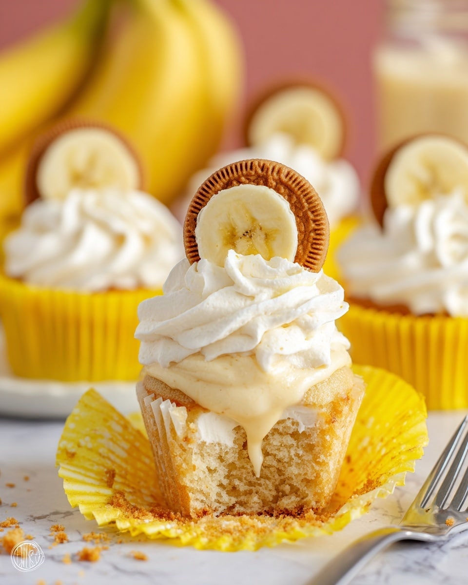 The image shows a vanilla cupcake with four layers: a light golden cake base, a creamy pale yellow custard filling oozing out from the center, a fluffy white whipped topping swirled generously on top, and a decoration on the peak featuring a circular brown cookie placed behind a fresh yellow banana slice with visible seeds. The cupcake sits on a white marbled surface, with its bright yellow paper wrapper peeled down around it, crumbs scattered nearby, and a fork to the side. In the background, there are blurred cupcakes with similar white whipped topping and banana slice decorations, also in yellow wrappers, along with a jar of custard and whole bananas adding context. Photo taken with an iphone --ar 4:5 --v 7