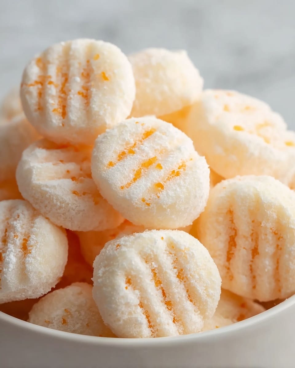 The image shows a close-up of many small, round sweets stacked in a white bowl. Each sweet is off-white with a soft, crumbly texture and has three shallow, parallel grooves on top. Inside the grooves, there are tiny bits of orange, giving a speckled look that contrasts with the white surface. The sweets have a powdery coating that makes them look soft and light. The bowl sits on a white marbled surface, enhancing the clean and bright feel of the image. photo taken with an iphone --ar 4:5 --v 7