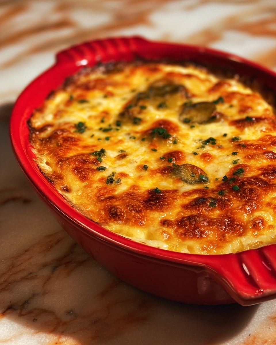 The dish shows a baked casserole in a red ceramic dish. The top layer is golden yellow melted cheese with browned spots and scattered small green herb pieces. Beneath the cheese, there are visible slices of green vegetables partly covered by the cheesy crust. The casserole surface is bubbly and slightly textured, suggesting a creamy layer underneath. The dish is placed on a white marbled surface with warm lighting highlighting the cheese’s melted shine and herbs' fresh color. photo taken with an iphone --ar 4:5 --v 7