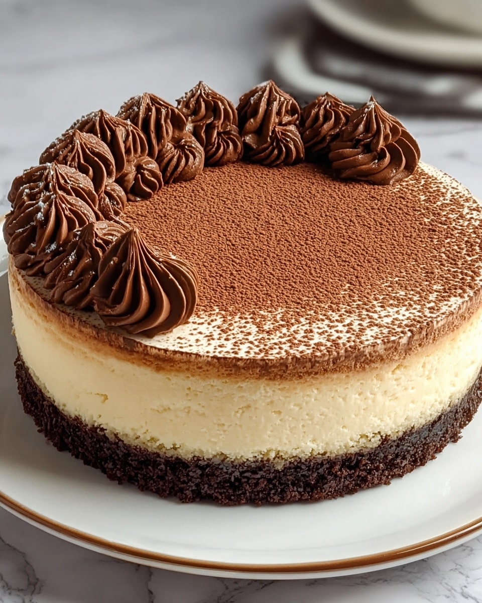 The image shows a three-layer round cake on a white plate, set against a white marbled surface. The bottom layer is dark brown, crumbly, and looks like chocolate cookie crumbs. The middle layer is a thick, creamy beige with a smooth texture. Above that is a thinner, firm, dark brown layer. The top surface is covered in a dusting of fine cocoa powder. Around the edge of the top are evenly spaced dollops of light beige cream, each sprinkled lightly with cocoa powder. The overall cake has clean edges and a neat, smooth finish. photo taken with an iphone --ar 4:5 --v 7