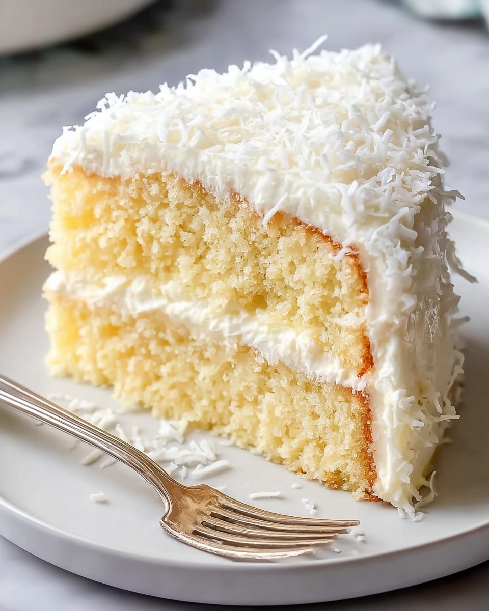 A close-up view of a two-layer cake slice on a white plate, showing light yellow sponge cake layers with a soft and crumbly texture. Between the layers, there is a thick, creamy white filling, and the top is covered with a smooth white frosting sprinkled generously with shredded coconut. A silver fork lies next to the cake slice on the plate, all set against a white marbled surface. photo taken with an iphone --ar 4:5 --v 7