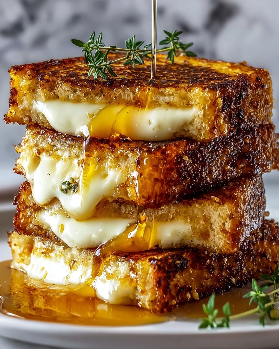 A close-up view of a stack of three grilled cheese sandwiches, each cut into thick, square layers with perfectly browned, crispy crusts. Between each golden-brown slice, there is a gooey, melted white cheese layer that looks soft and stretchy. Honey or syrup is flowing down the sides of the sandwich in thick, shiny streams, adding a glossy texture that contrasts with the crunchy surface. A small sprig of fresh green herbs is placed on the top slice, giving a fresh pop of color. The sandwiches are set on a white plate, which rests on a white marbled surface. photo taken with an iphone --ar 4:5 --v 7