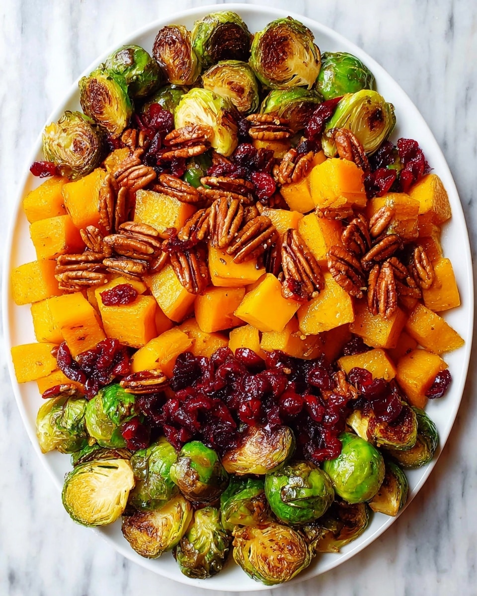 A white plate filled with a colorful mix of roasted vegetables and nuts, featuring three main layers of ingredients evenly spread: the first layer has golden-brown roasted Brussels sprouts, some with char marks showing a crispy texture; the second layer includes vibrant orange roasted chunks of butternut squash with a soft, tender appearance; the third layer consists of shiny, toasted pecans and scattered deep red dried cranberries adding a glossy contrast. The plate rests on a white marbled surface, and the colors blend warmly with a slight shine from the roasted textures, making the dish look fresh and appetizing. Photo taken with an iphone --ar 4:5 --v 7