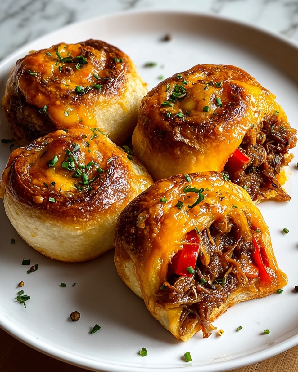 The image shows four golden browned rolls placed closely on a white plate, each roll has one visible layer of shiny, crispy pastry wrapped tightly around a filling of dark brown shredded meat mixed with bright red bell pepper pieces, and melted orange cheese peeking out. The rolls are garnished with small green herb flakes and scattered bits of cracked black pepper on top and around them. The white plate sits on a white marbled surface, enhancing the warm tones of the food. Photo taken with an iphone --ar 4:5 --v 7
