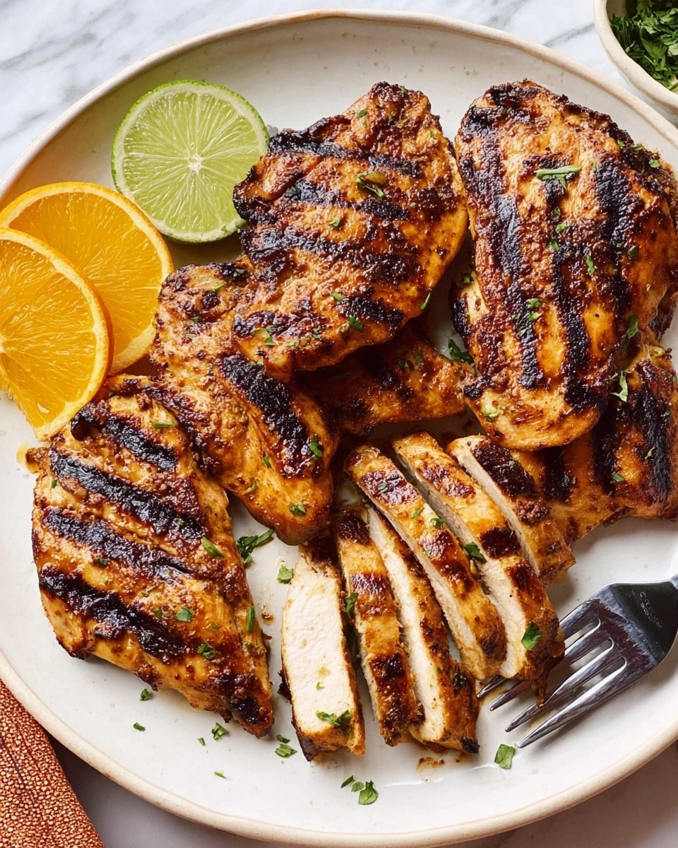 A white plate holds several pieces of grilled chicken with dark grill marks and a golden-brown crispy texture; one piece is cut into slices showing a juicy, light interior speckled with green herbs. Lime wedges and orange slices are placed on the plate for color contrast, and small bits of chopped green herbs are sprinkled on the chicken and around the plate. A black fork touches one of the sliced chicken pieces on the right side of the plate, which is set on a white marbled surface. photo taken with an iphone --ar 4:5 --v 7