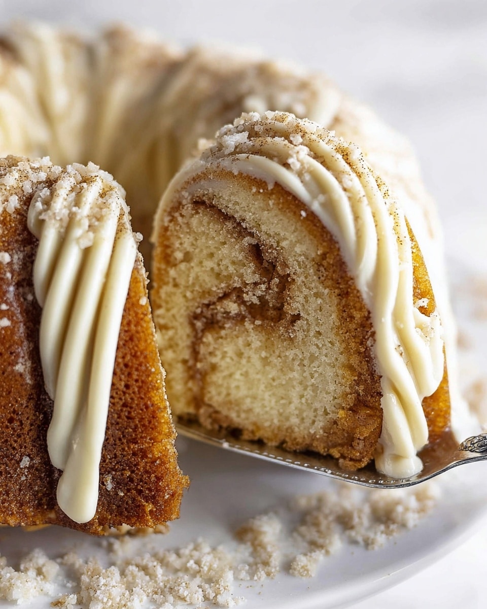 A close-up view of a cinnamon swirl bundt cake slice showing two layers: the golden brown cake with a visible light brown cinnamon swirl inside, and a thick outer layer of creamy white icing piped in several wavy lines on top. The icing is sprinkled with coarse sugar crystals and a light dusting of cinnamon powder, adding texture. The slice is being lifted with a silver cake server, resting on a white plate with scattered sugar crystals. The background is a white marbled texture. photo taken with an iphone --ar 4:5 --v 7