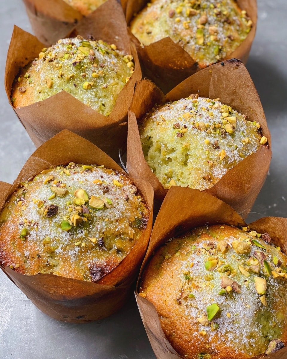 The image shows six baked muffins, each wrapped in brown parchment paper that extends slightly above the muffin tops. The muffins have a golden-brown crust with a greenish tint suggestive of pistachio flavor. The tops are generously sprinkled with granulated sugar and small pieces of crushed pistachio nuts, giving a textured look. The muffins are closely placed together on a smooth, dark surface, but the surface is changed to a white marbled texture. photo taken with an iphone --ar 4:5 --v 7