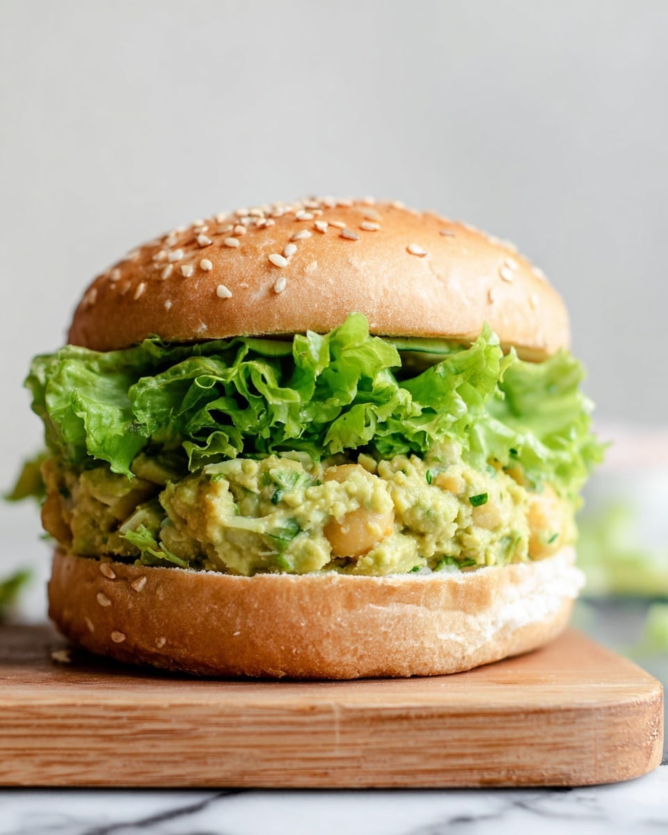 A close-up view of a sandwich with three clear layers on a white sesame seed bun, sitting on a wooden board with a white marbled background. The bottom layer is a soft, light brown bun with sesame seeds. The middle layer is a thick, chunky mixture of pale green avocado chickpea mash, with small bits of chickpea and herbs visible. The top layer is bright green, fresh, curly leaf lettuce that looks crisp and full, sitting just below the top bun, which is a soft golden brown with sesame seeds. Photo taken with an iphone --ar 4:5 --v 7