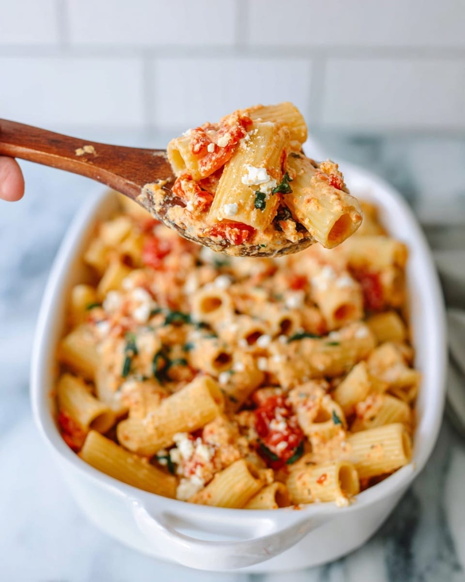The image shows a white oval dish filled with cooked rigatoni pasta mixed with a tomato and cheese sauce. The pasta is light yellow and tubes are coated with a creamy, chunky mix of red tomato pieces and white soft cheese crumbles, scattered throughout with small bits of green herbs. A wooden spoon lifted by a woman's hand holds a small pile of rigatoni covered in the same sauce, highlighting the texture of the pasta and the creamy sauce. The background is a white marbled surface with a blurred white tile wall behind. photo taken with an iphone --ar 4:5 --v 7
