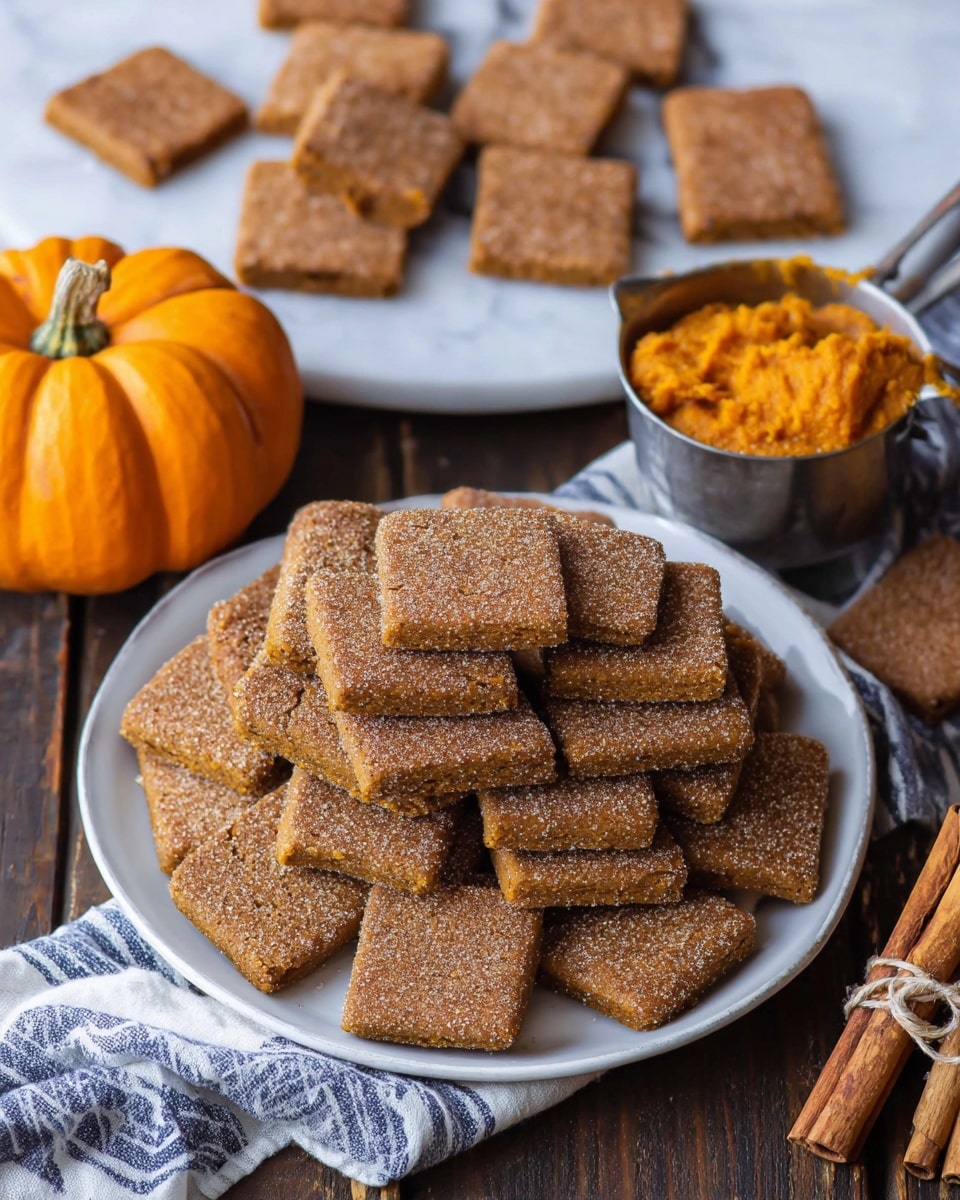 A white plate is filled with a large pile of square-shaped, brown cookies dusted lightly with sugar, stacked in multiple layers with some leaning against each other. In the background, there are more cookies scattered on a white and blue striped cloth, an orange pumpkin on the left, a metal measuring cup filled with bright orange pumpkin puree on the right, and two cinnamon sticks tied with light-colored string positioned nearby. The scene is set on a dark wooden surface changed to a white marbled texture. photo taken with an iphone --ar 4:5 --v 7