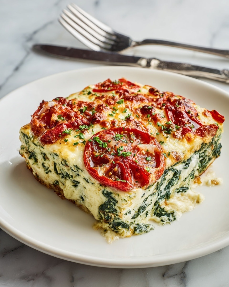 This image shows a piece of layered baked dish on a white plate with light brown specks. The bottom layer is a light golden-brown cooked base, above it is a thick layer of creamy cooked spinach mixed with cheese, giving a green and white swirled look. On top of this green layer are slices of red tomatoes partially covered by melted cheese that is golden brown and bubbly, with small bits of chopped green herbs sprinkled on top. The edges of the dish show some melted cheese and spinach spilling slightly onto the plate. The scene is set on a white marbled surface with silver cutlery beside the plate. photo taken with an iphone --ar 4:5 --v 7