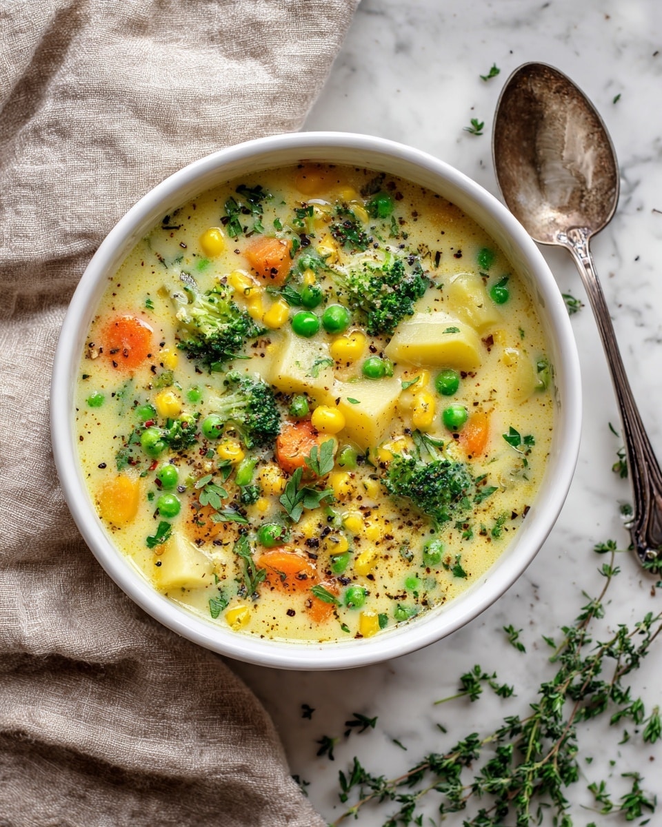 A white bowl filled with thick creamy vegetable soup rests on a white marbled surface. The soup has visible layers of bright yellow corn kernels, green peas, and small broccoli florets mixed with orange carrot chunks and pale yellow potato pieces all in a creamy yellow broth. Fresh chopped green herbs are sprinkled on top along with coarse ground black pepper, adding texture and color contrast. A tarnished silver spoon lies nearby, and a beige cloth is partially visible at the edge. The setting evokes a cozy, fresh homemade meal. photo taken with an iphone --ar 4:5 --v 7